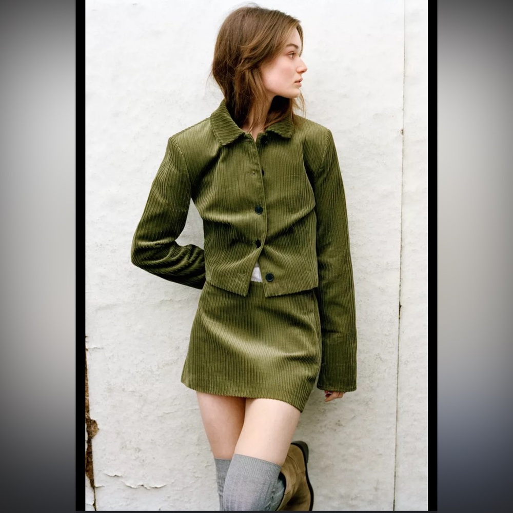 Zara Olive Green Corduroy Jacket and Skirt Set